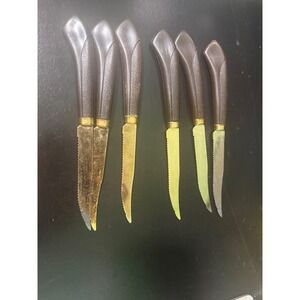 Vintage Quikut Steak Knife Set 6 Piece Gold Tone Stainless Steel Brown MCM USA